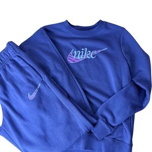 Nike Womens Lapis Blue Fleece Tracksuit Set Zebra Logo Sweatshirt Joggers XS/S